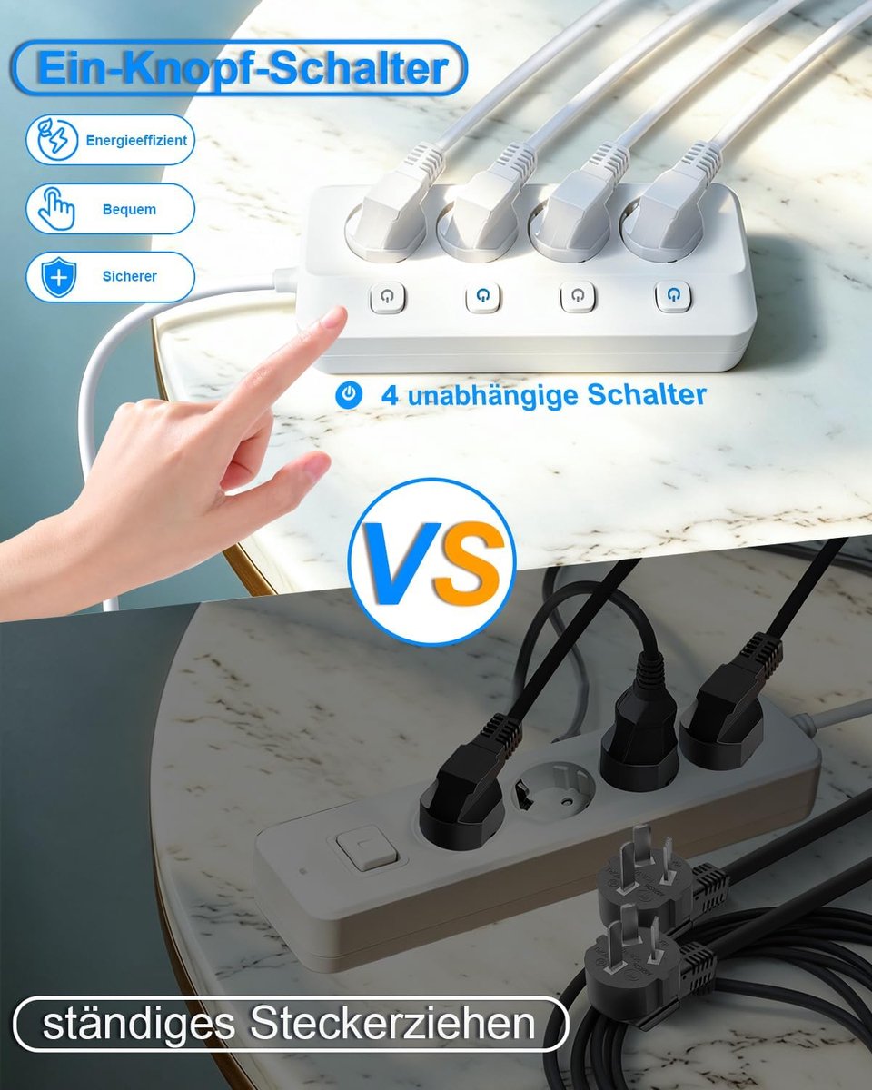 SnelShoppen - 4-voudige stekkerdoos afzonderlijk schakelbaar met 2 m kabel, verlichte schakelaar, kinderbeveiliging, ideaal voor bureau, kantoor en hu