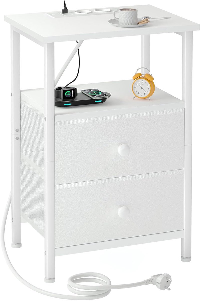 SnelShoppen - Bedside Table met Oplaadfunctie, Nachtkastje met Stoffen Lades, Sofa Tafel met Open Plank, 2 USB Poorten en 2 Stopcontacten, Wit EHETS02