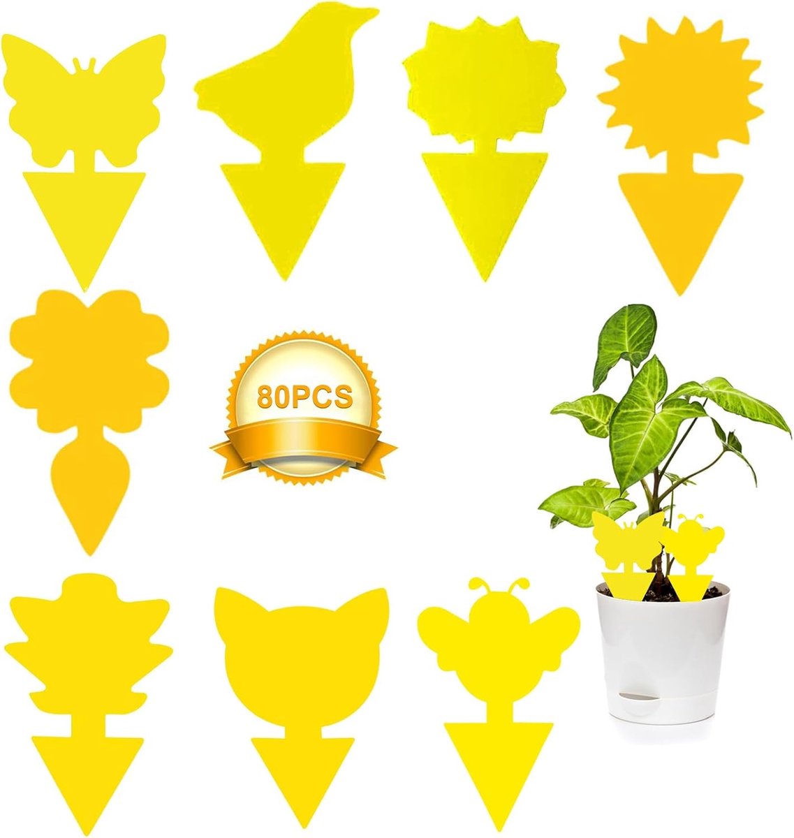 SnelShoppen - 80 Stuks Gele Vliegstickers voor Planten - Waterdichte Insectenbestrijding Stickers - Ideaal voor Binnen en Buiten - 8 Verschillende Mot