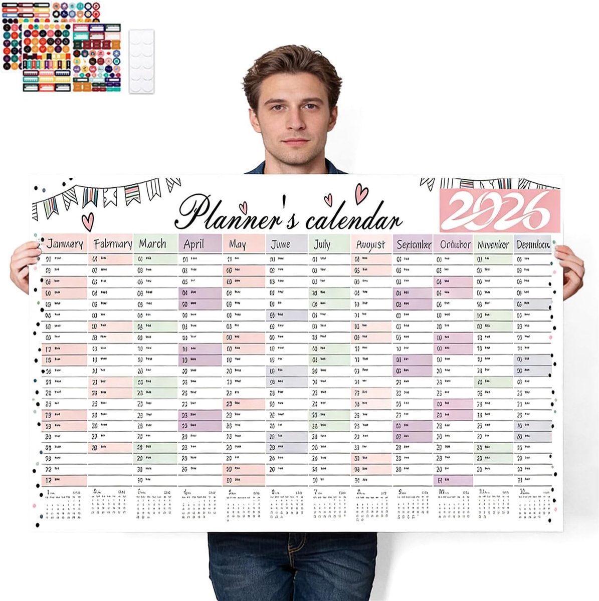 SnelShoppen - DIN A1 Wandkalender 2026 - 14 Maanden Plannen - Grote Afmetingen 52x74 cm - Wit Kraft Papier - Voor Thuis, Kantoor en Zakelijke Geschenk