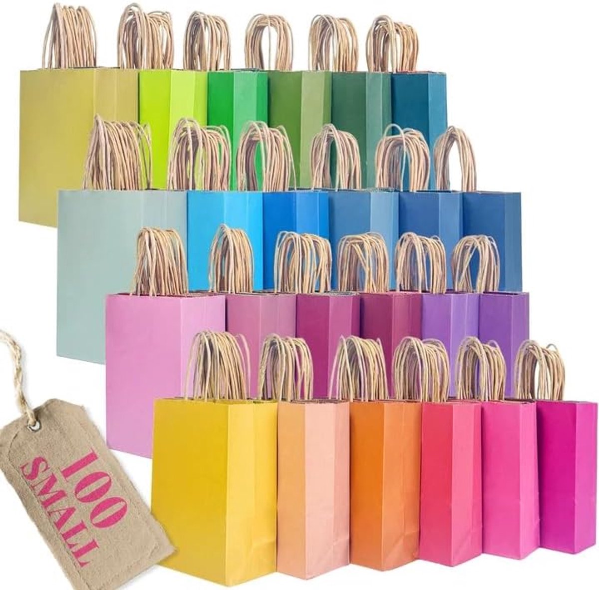 SnelShoppen - 100 Kleurige Kraft Papieren Cadeauzakjes met Handvatten - 24 Kleuren - 21x15x8 cm - Duurzaam en Milieuvriendelijk - Voor Feesten, Cadeau