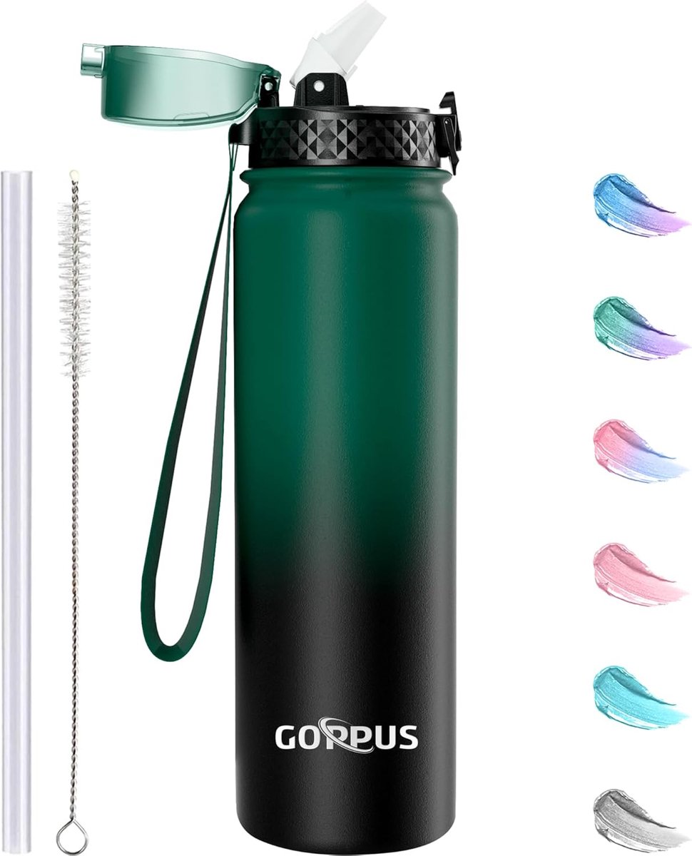 SnelShoppen - RVS Waterfles 1L met Straw - Dubbelwandig Geïsoleerd - Lekvrije Thermosfles met Flip Top Deksel - Ideaal voor Sport, Camping en Onderweg