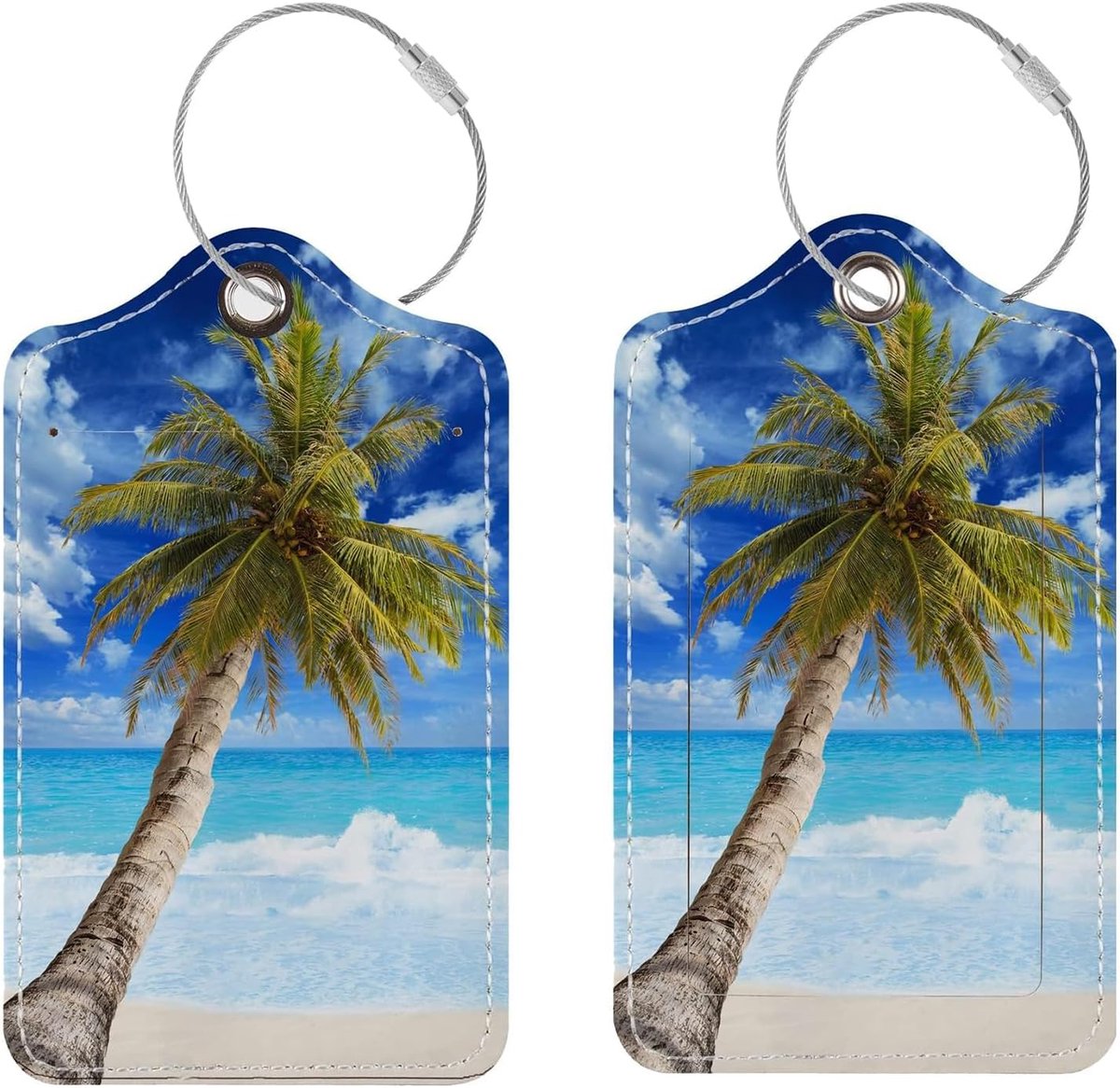 SnelShoppen - 2 Pcs Koffers Labels, PU Lederen Bagage Tags met RVS Lus en Adreskaart voor Koffers, Handtassen en Rugzakken (Strand Kokosnoot Bomen)