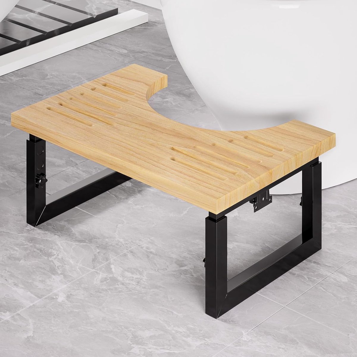 SnelShoppen - Toilet Stool voor Volwassenen - Ergonomische Metalen Poef met Hout - In hoogte verstelbare Toiletkruk - Antislip en Vouwbaar - Natuurlij