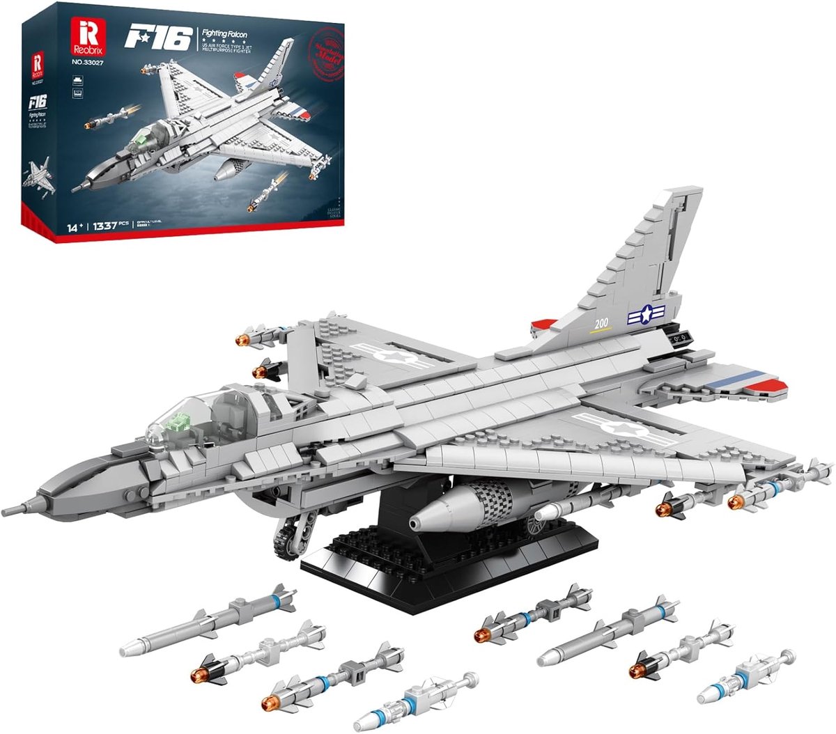 SnelShoppen - F-16 Gevechtsvliegtuig Bouwset voor Volwassenen, Militair Model met Rockets, 33027 Luchtvaart Constructie Set, Hobby, Verzamelobject, Ca