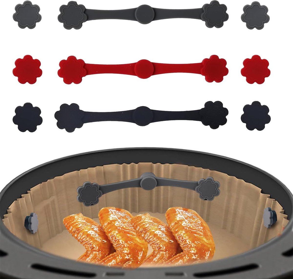 SnelShoppen - 3 Sets Magnetische Siliconen Gesp voor Airfryer - Hittebestendige Bevestigingsgesp - Bakpapier Beveiliging - Rood, Zwart, Grijs - Keuken