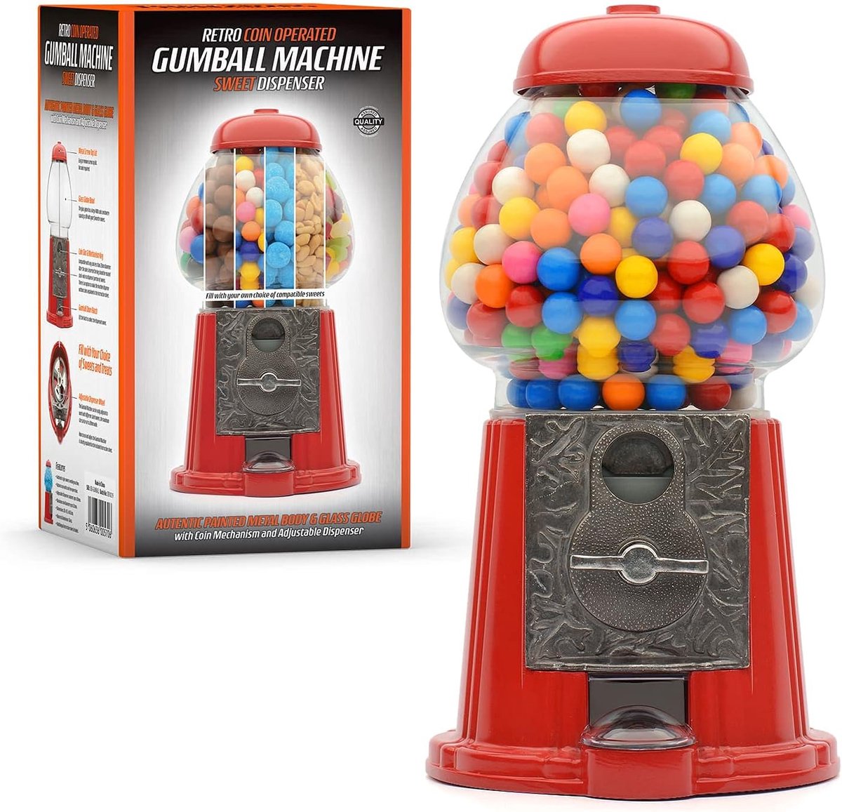 SnelShoppen - Grote Gumball Machine Retro Snoepdispenser - Spaarpot - 28 cm Hoog - Rood - Coin Operated - Perfect voor Feesten en Kinderen