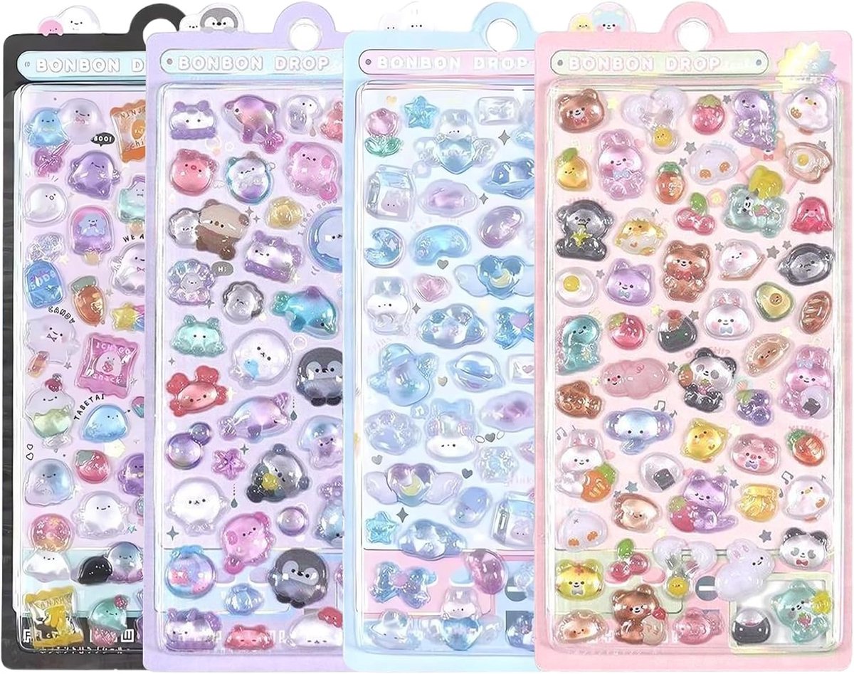 Thijox - 4 Blatt 3D Puffy Stickers - 200+ Kawaii Hars Decostickers voor Telefoontas, Notitieboek, Scrapbooking, Kleuterschool, Cadeau, Dagboek, Laptop