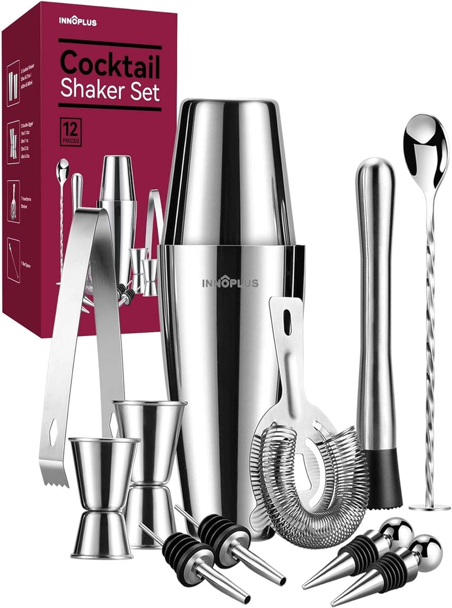 SnelShoppen - Cocktail Shaker Set 800ml/600ml - Premium Boston Shaker Bar Accessoires - 12-Delige Cocktails Set - RVS Cocktail Shaker met Maatbeker, B