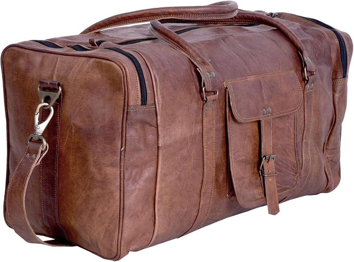 SnelShoppen - Grote Leren Duffelbag voor Reizen, Sport en Weekenduitjes - Handbagage Vriendelijk - Bruin - Maat M - Duurzaam Canvas Binnenvoering