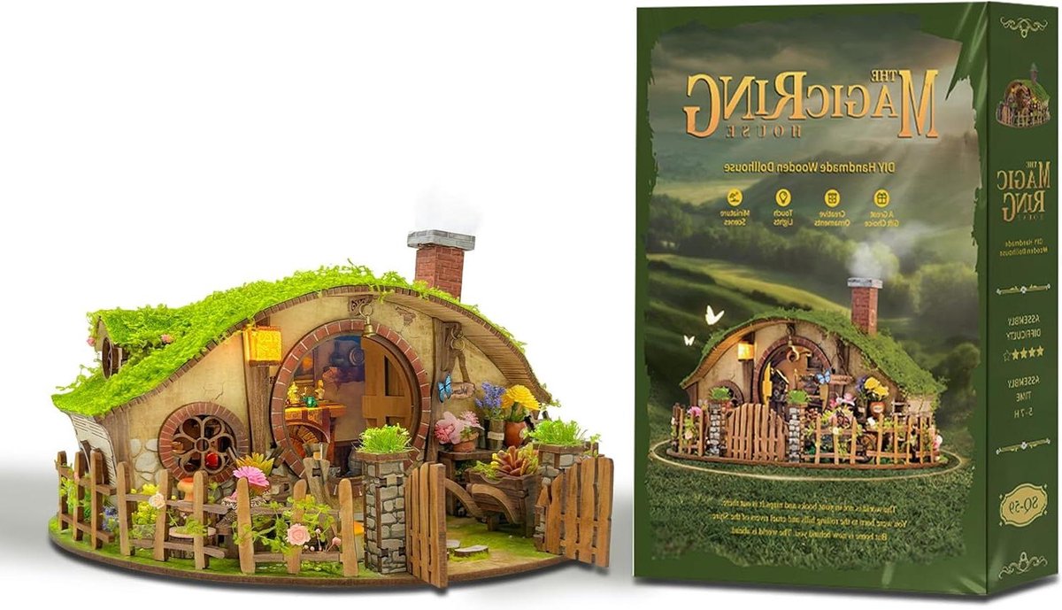 Houten Boekenhoek - Miniatuur Huis - Boekenplank Decoratie - Hobbit Gat Ontwerp - 246 x 133 x 133 cm