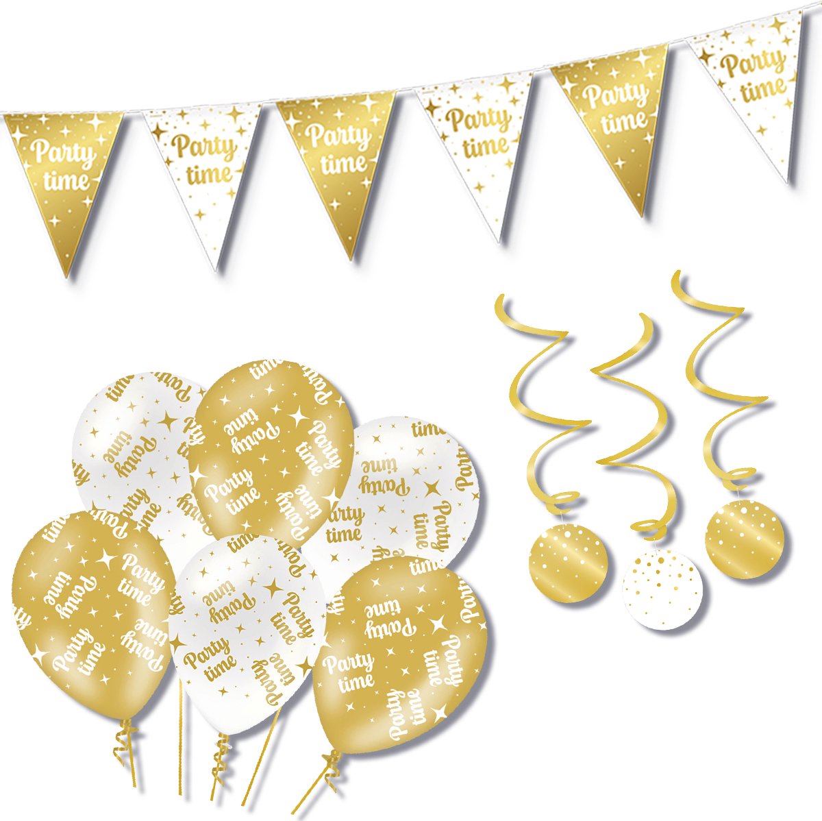 BTH – Party Time – Wit-Goud – Decoratie Set – Ballonnen-Swirls-Vlaggenlijn – Alles-in-1 – Feest Pakket