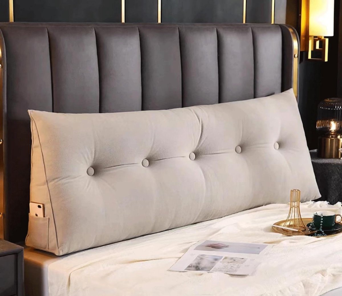 Driehoekig Hoofdeinde Kussen - Wigkussen Ligbed - Ontspannen in Bed - Afneembare Hoes - 100x20x50cm - Zilver