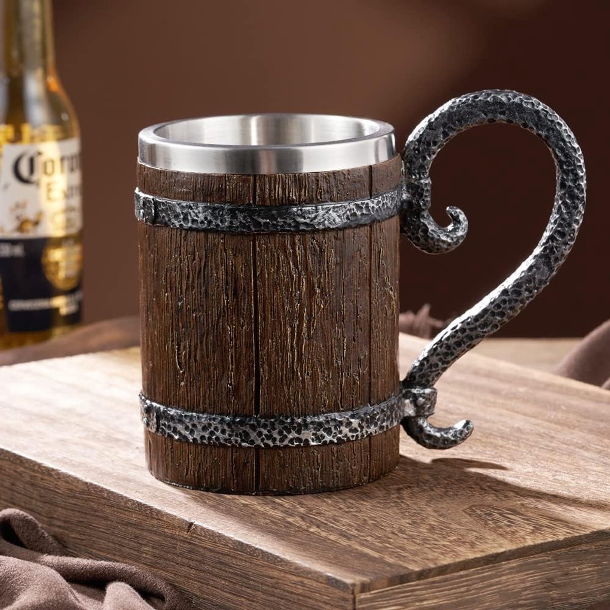 Handgemaakte Houten Bierpul, Roestvrijstalen Vintage Drinkbeker, Middeleeuwse Drinkware voor Koffie, Sap en Bier, 500ml Cadeau voor Mannen en Vrouwen