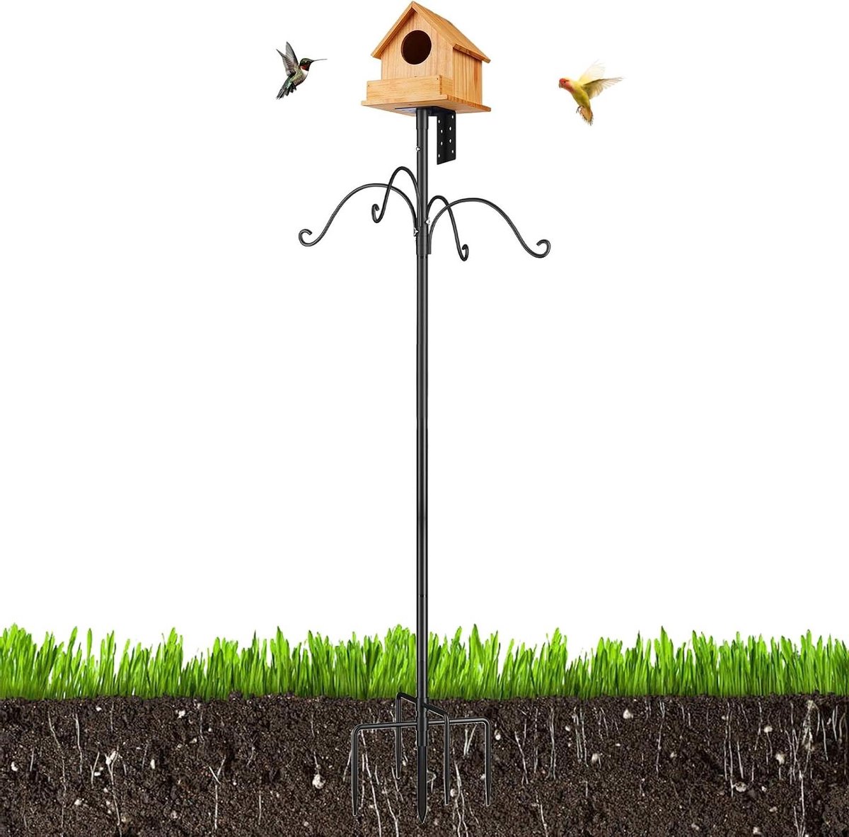 Vogelvoedermast - Vogelhuis paal - Vogels voeren - Verstelbare hoogte - 193 cm - Mat zwart