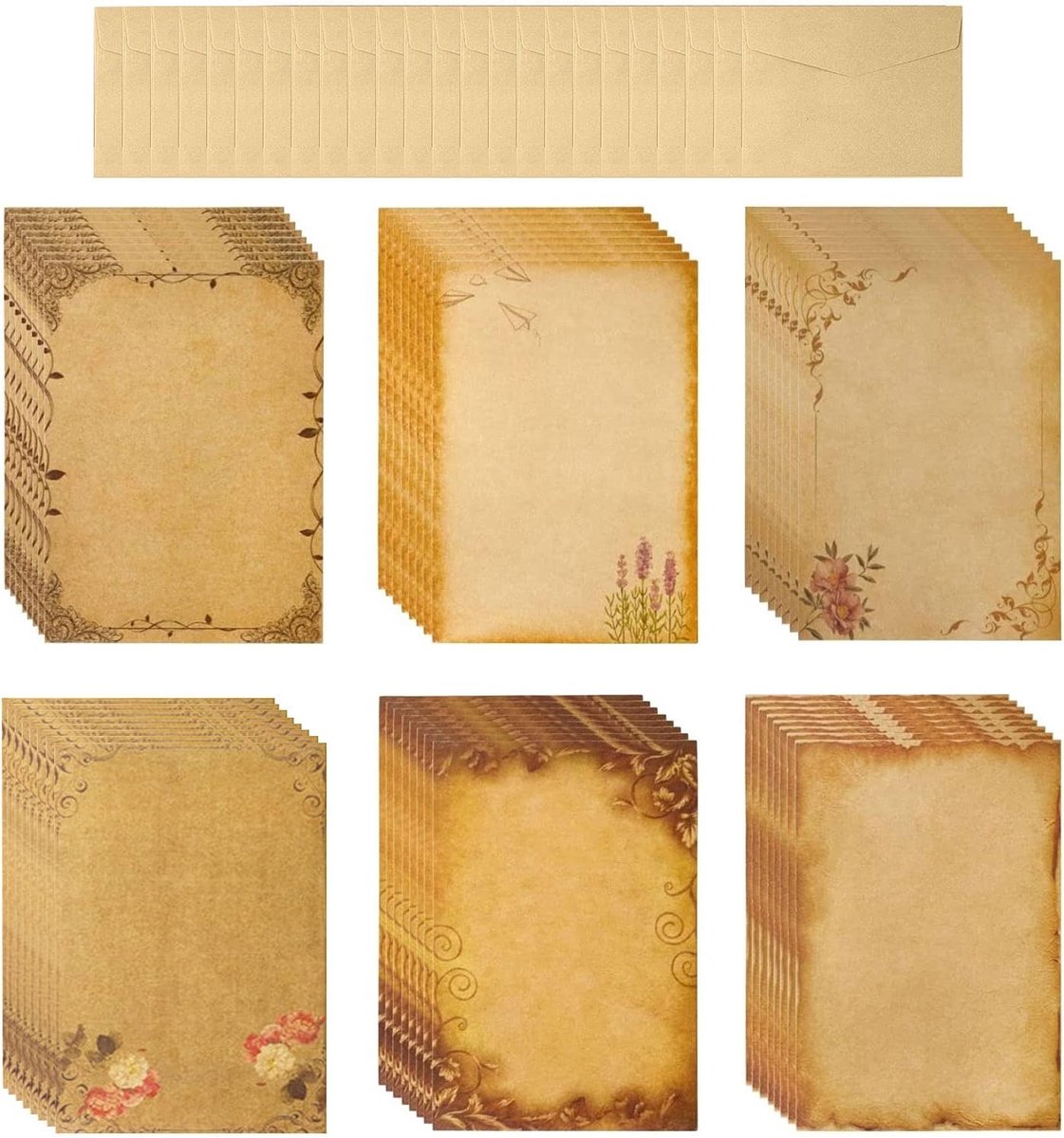 Vintage Briefpapier Set met 48 Vellen, Retro Enveloppen en Motiefpapier voor Uitnodigingen, Certificaten en Huwelijkskaarten