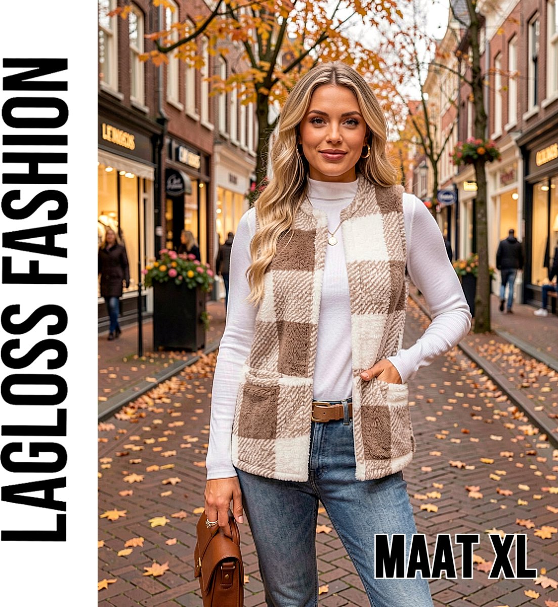 LaGloss ® Dames Fleece Gilet Geruit – Mouwloos Teddy Vest – Lichtgewicht Warm Damesvest met Ronde Hals voor Herfst en Winter - Maat XL