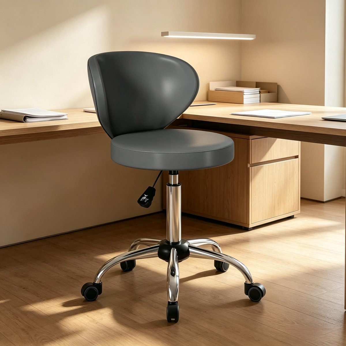 MIVRAY Bureaukruk 45 x 54 x 73-88 cm - 360 Graden Draaibaar En In Hoogte Verstelbaar Met Rugleuning - Voor Kantoor En Salon - Kunstleer Grijs Zilver