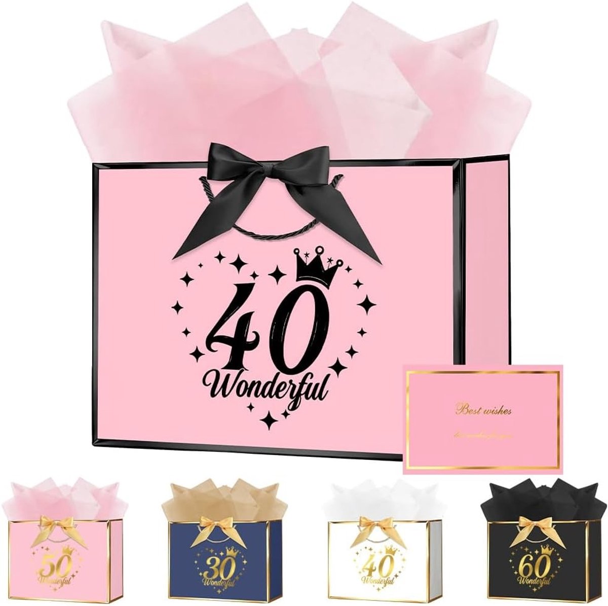 Verjaardagscadeauzak voor 40ste verjaardag, luxe papieren tas met handvatten, inclusief wikkels en kaarten, ideaal voor vrouwen en feestjes, 28 x 20 x 10 cm