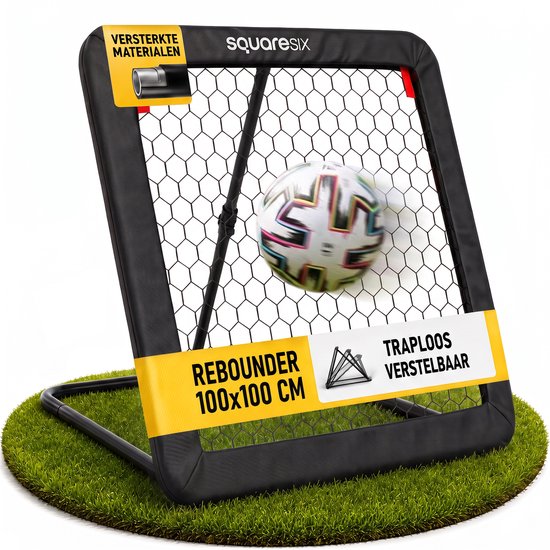 SquareSix voetbalrebounder 100x100cm met versterkte materialen, traploos verstelbaar.