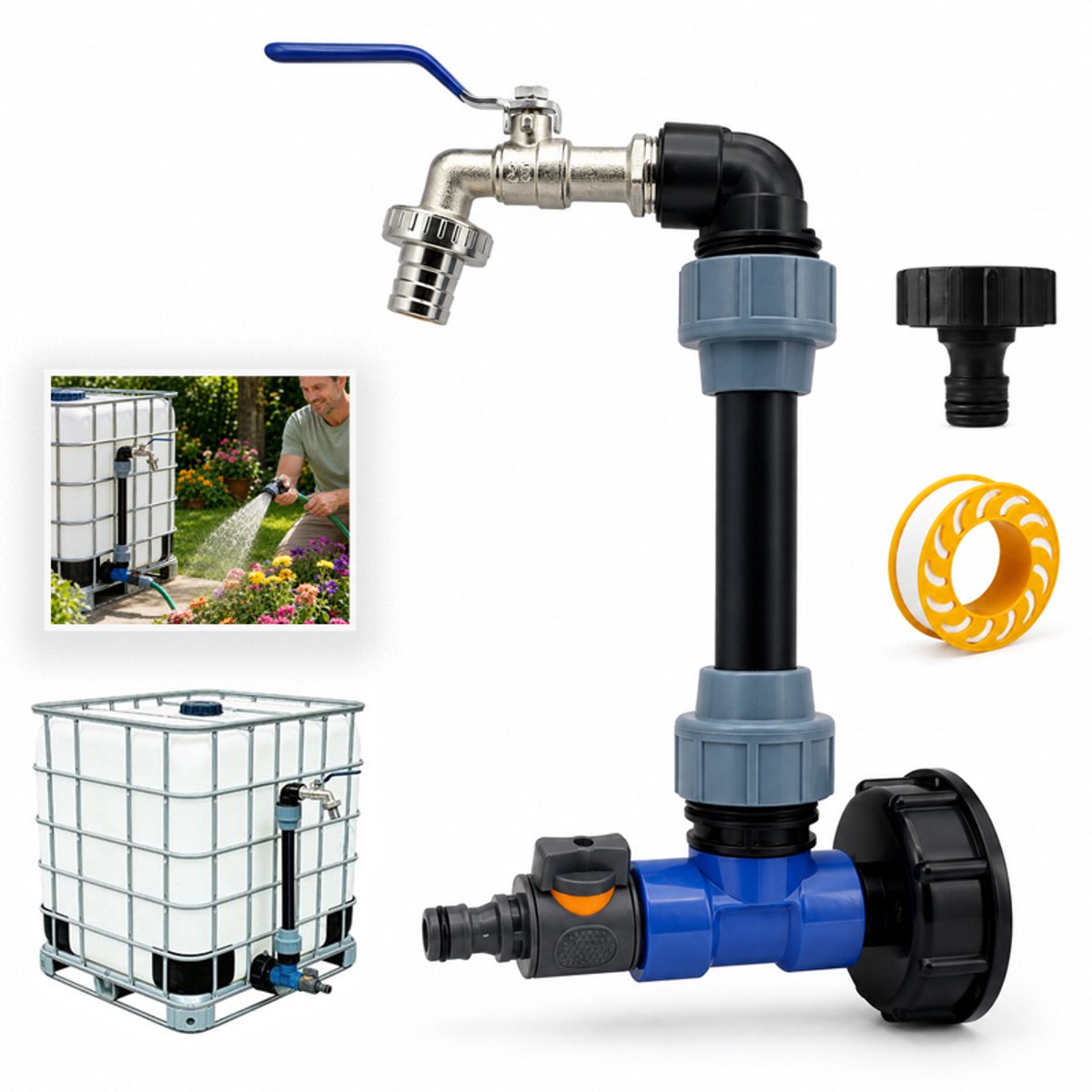 Bobypet - Kraan - Zwanehals - watertank Kraan Adapter - Dubbele uitloop - 3/4 inch - Voor 1000L watertank - Regenton - Tuinbewatering - Blauw