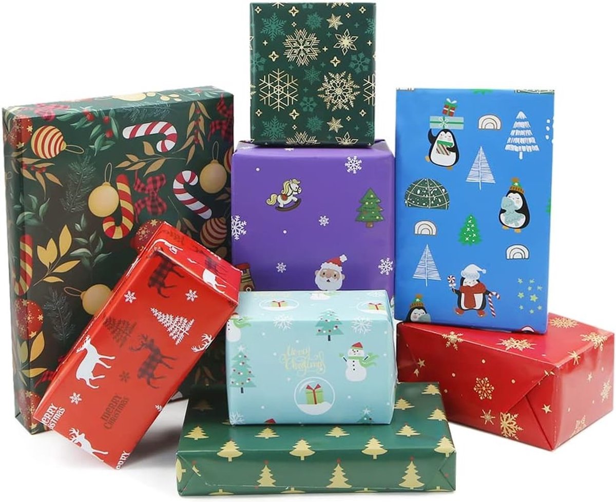 Kerstcadeau inpakpapier, 8 vellen van 20x28 inch met rendieren, sneeuwvlokken en kerstman voor elke gelegenheid, perfect voor mannen, vrouwen en kinderen