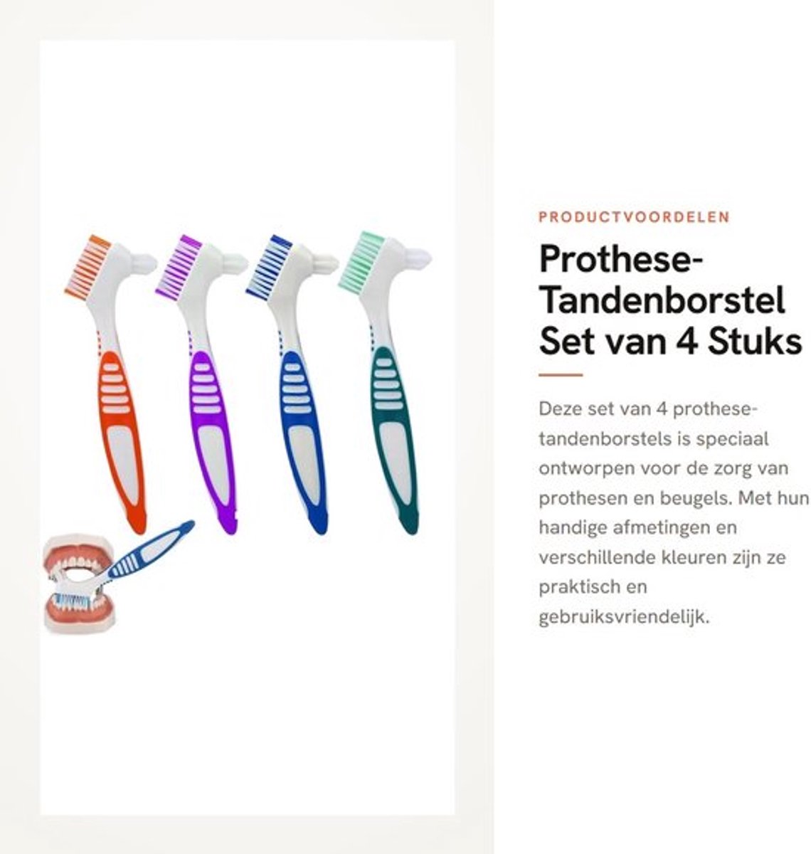 Prothese-tandenborstel 4 stuks - Draagbare Prothesenreinigingsborstel - Dubbelzijdige Borstel - Tandenborstel voor Beugels - Comfortabele Handgreep - 16 cm Lang