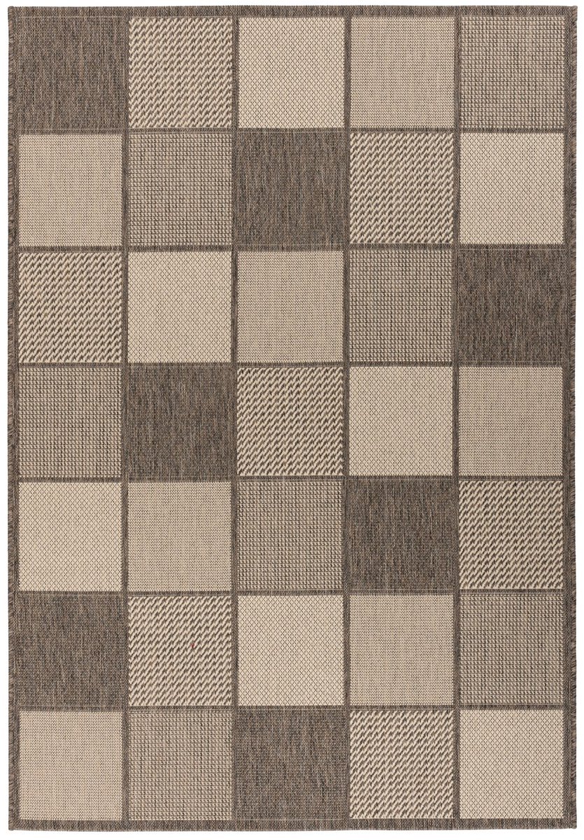 Padiro vlakgeweven vloerkleed 80 x 150 cm - bruin / crème - geometrisch ruit- en blokpatroon - voor binnen en buiten - geschikt voor vloerverwarming - van polypropyleen