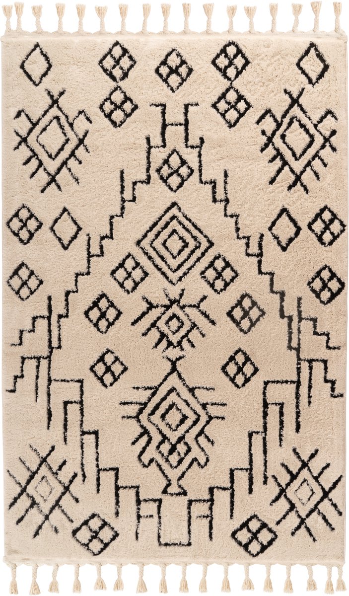 Padiro hoogpolig vloerkleed 160 x 230 cm - wit - boho geometrisch patroon - met franjes - van polypropyleen