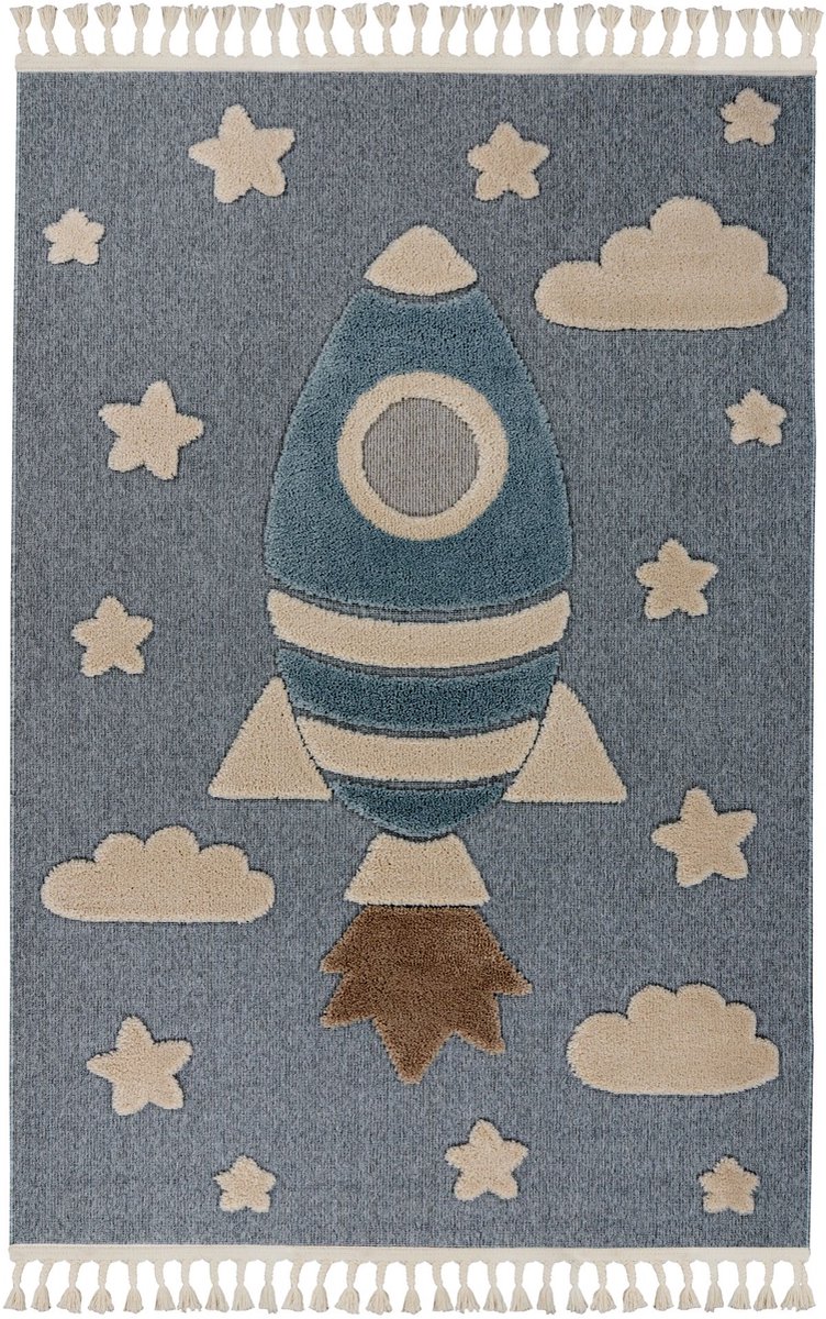 Padiro kindervloerkleed 120 x 170 cm - blauw - speels sterrenmotief - met astronautenmotief - van polypropyleen frisee