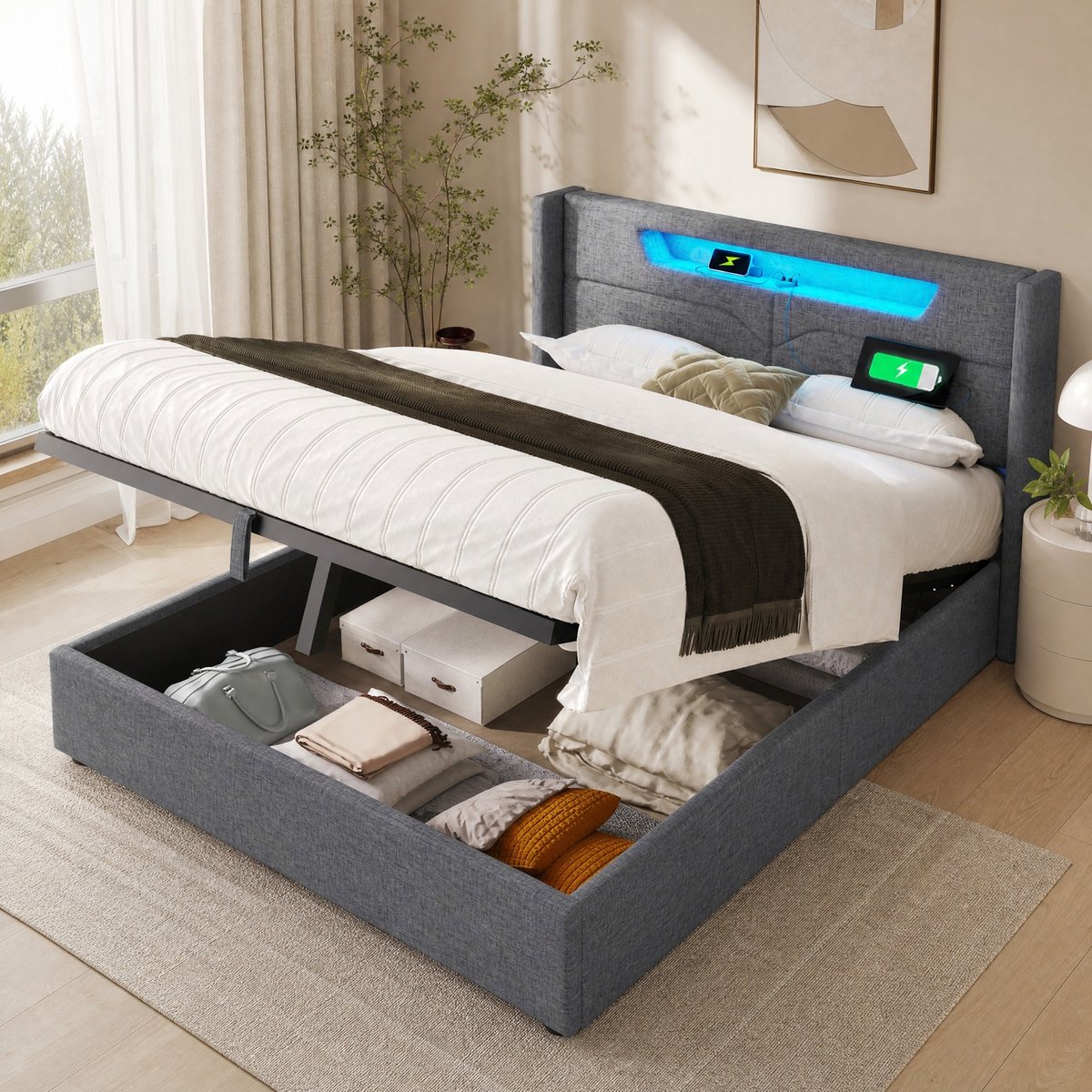 Wishdor Tweepersoonsbed met LED verlichting en USB-C - bedframe met opbergruimte en lattenbodem - grijs - 160x200 cm