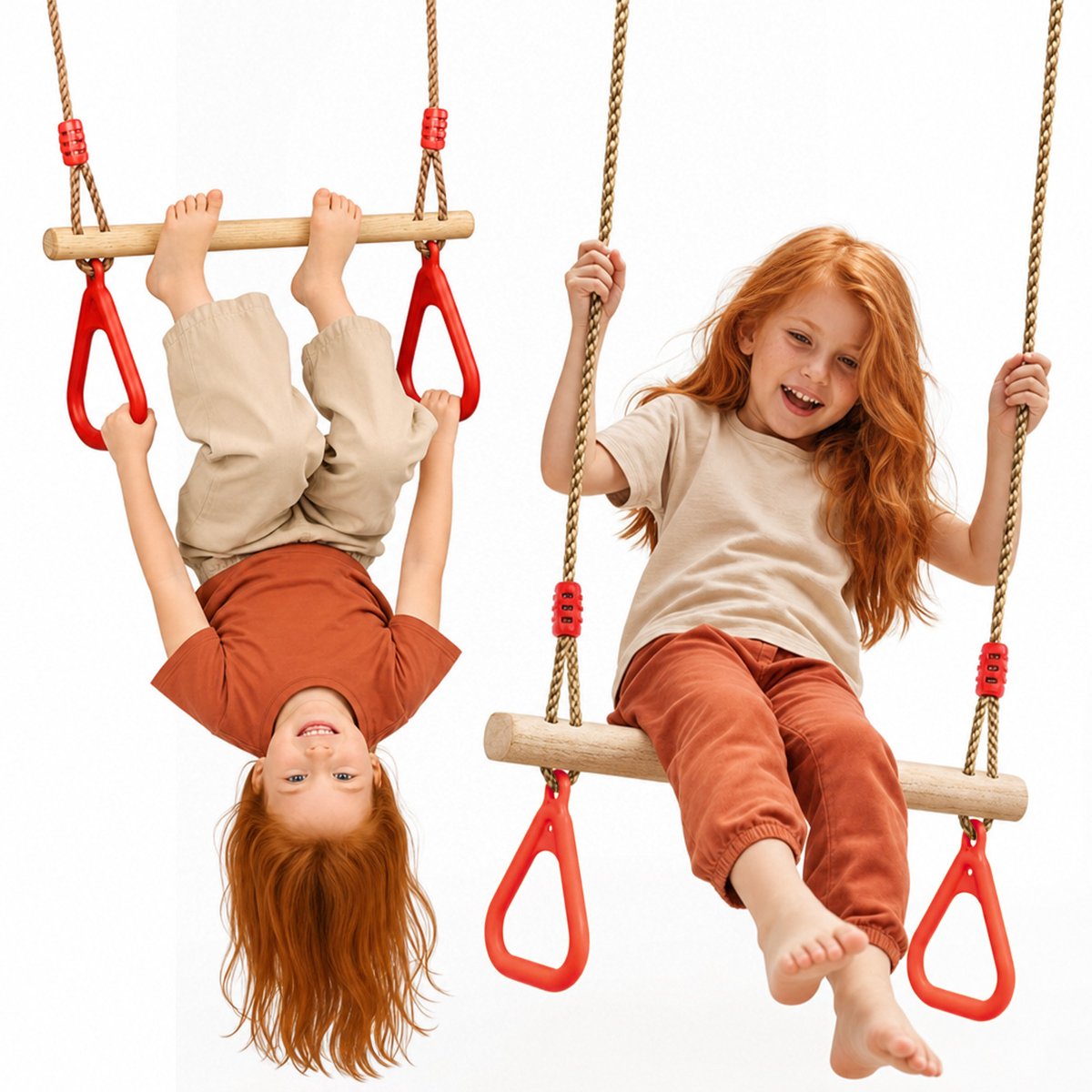 Goodevas Trapezestang met Gymringen voor Kinderen – Houten Schommel, Massief Grenen Stang & Sterke Touwen, Verstelbare Hoogte 110–198 cm, Binnen & Buiten
