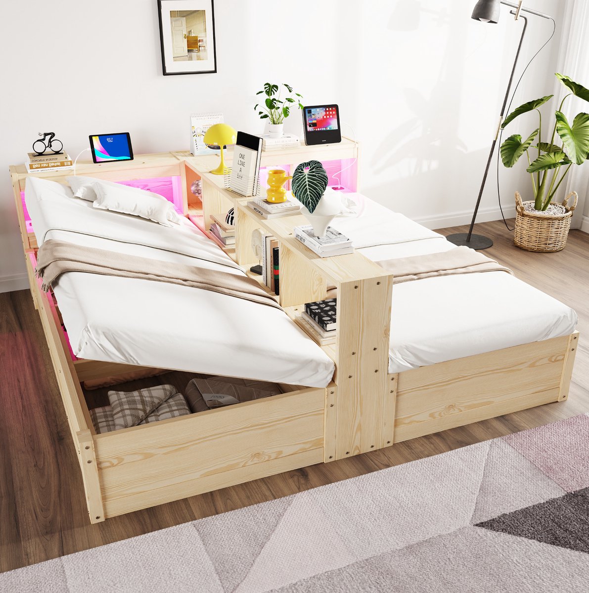 Wishdor Multifunctioneel bed 180x200 cm - Houten bedframe met opbergruimte, ledverlichting en stopcontacten - Naturel hout