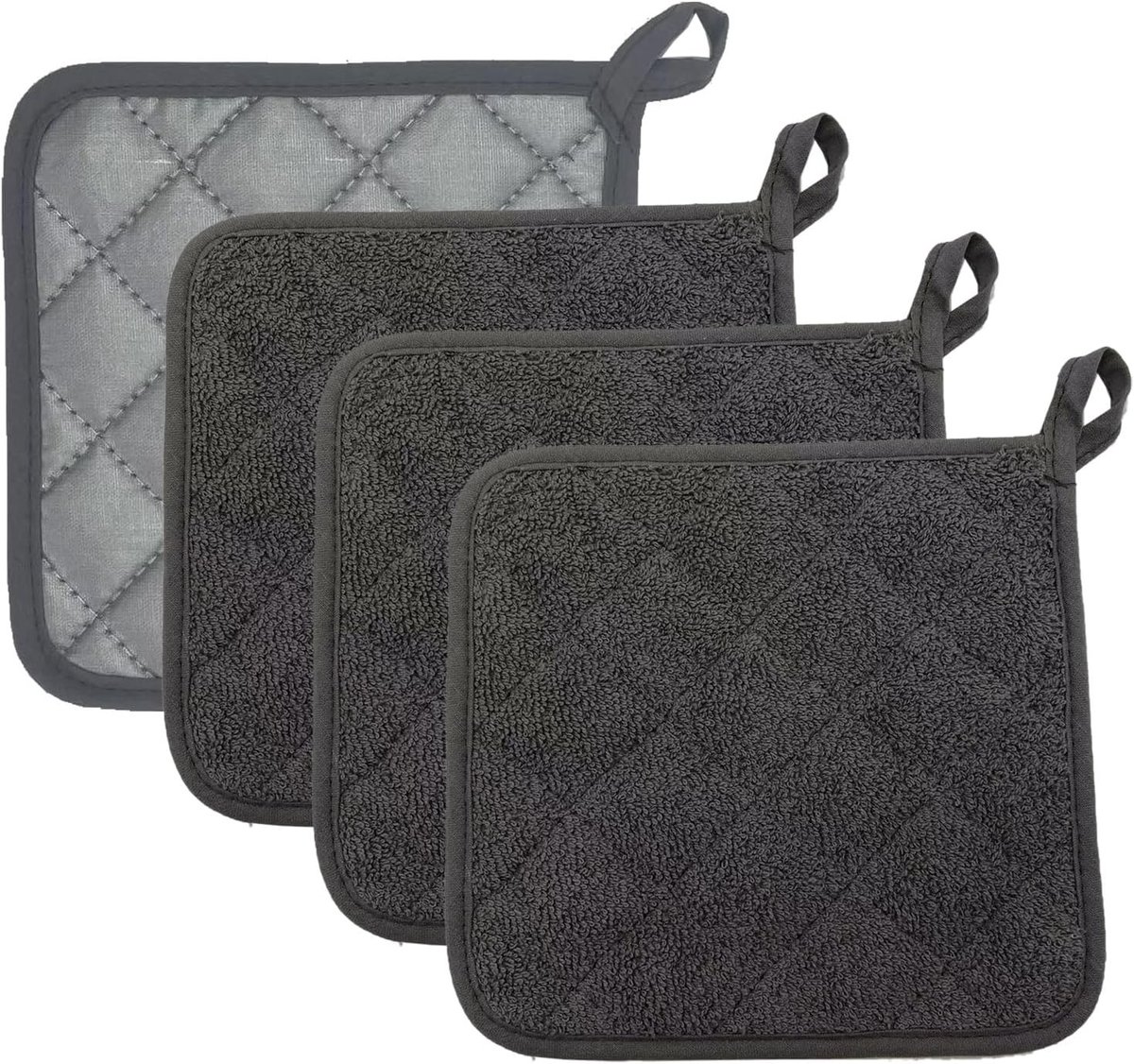 Set van 4 pannenlappen van katoen, grijs, keukenhulp, hittebestendig, vierkant, koken, bakken, pannenlappen voor - ShopVlot