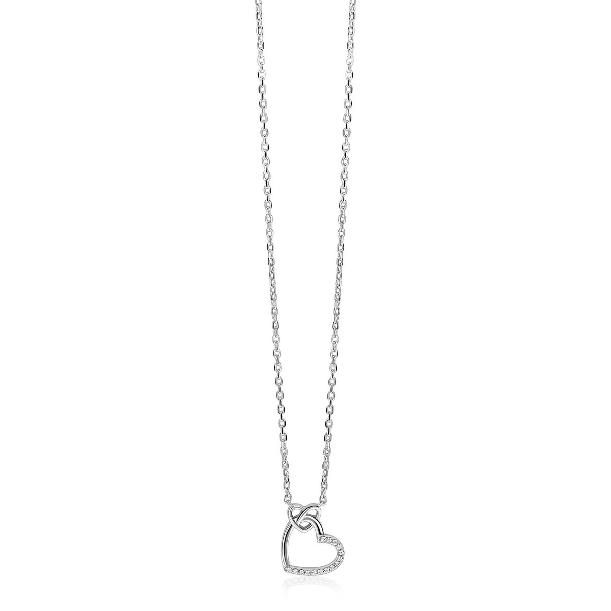 ZINZI zilveren ketting met twee sierlijke harten die met elkaar verbonden zijn, ook bezet met witte zirkonia's 42-45cm ZIC2874