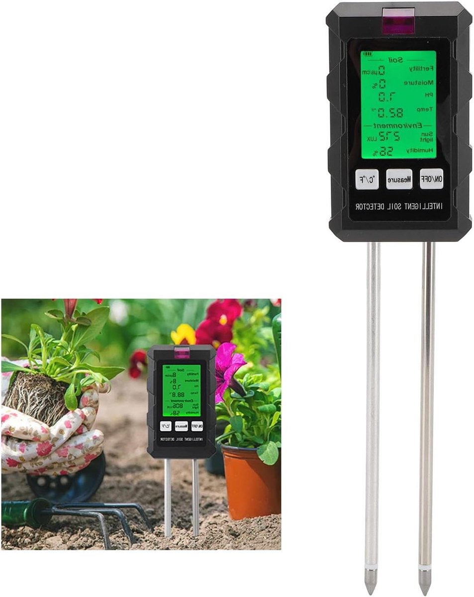 Bodemmeter 6-in-1 - Plantenmeter Vochtigheid PH - Planten Verzorgen - Draaibare Kop Achtergrondverlichting - 22.2 cm - Zwart