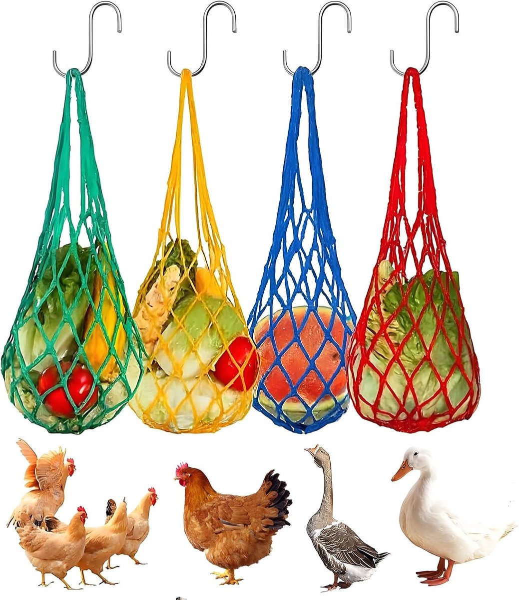 Voedernet voor kippen - Hangende voederautomaat - Voederen van gevogelte - Set van 4 stuks - 60 cm lengte