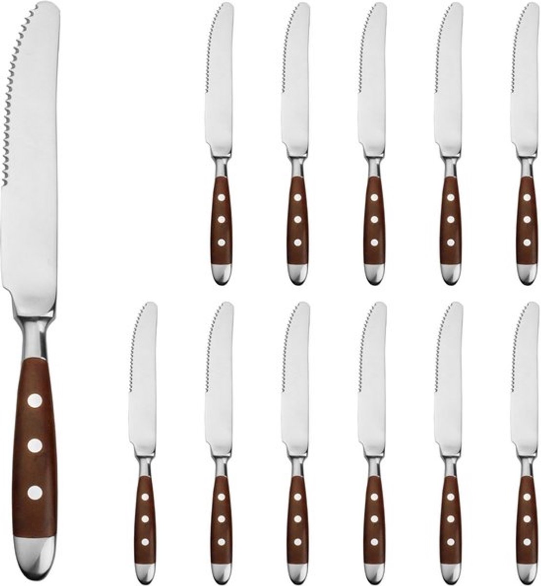 Steakmessen set van 12 stuks - Gekarteld - Roestvrij staal - Bruine handgrepen - Hittebestendig - Functioneel design - Bestekset