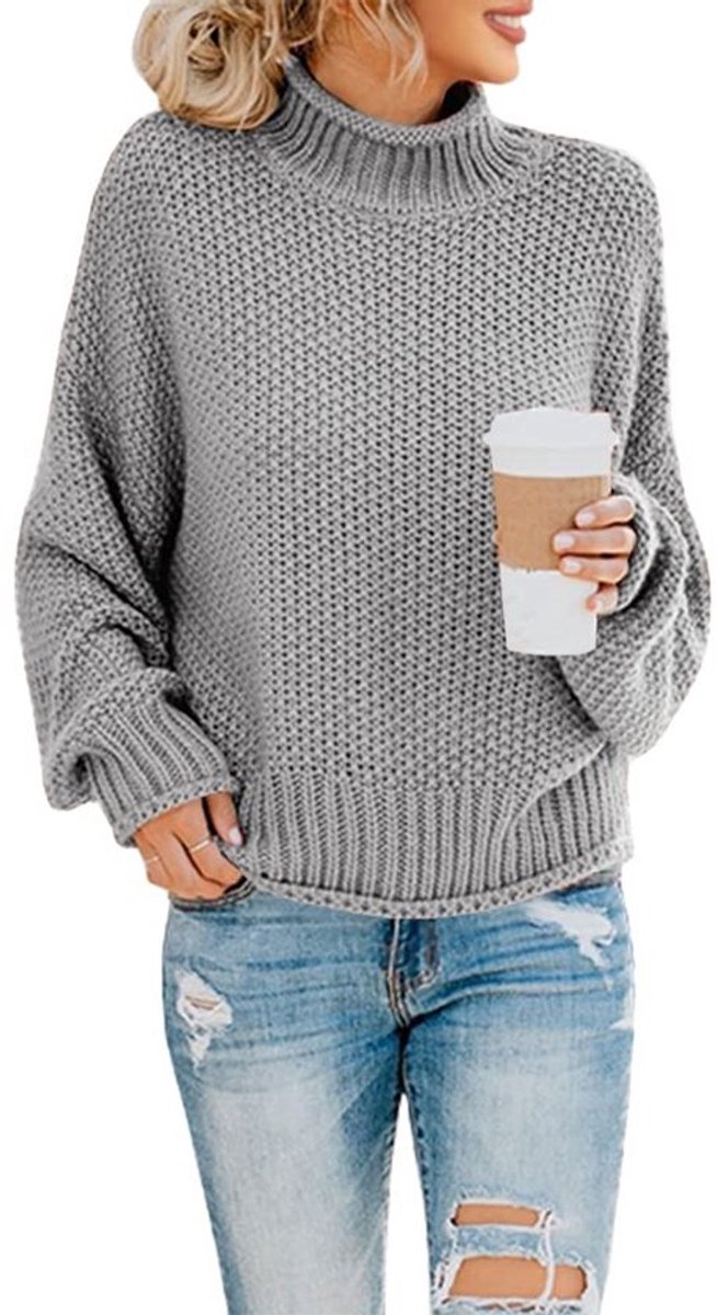 Damestrui Oversized - Grof Gebreid - Coltrui - Vleermuis Mouwen - Heuplengte - Ademend Materiaal - Gebreide Trui