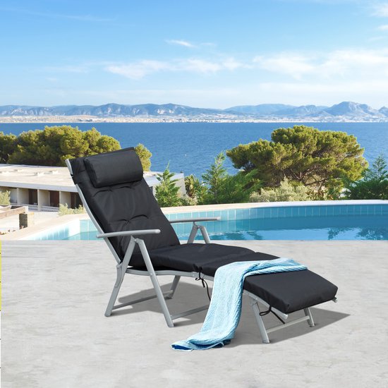 Opklapbare ligstoel/strandstoel met hoofdsteun en zitkussen - verstelbare rugleuning met 7 standen - tuinstoel/relaxstoel - draagvermogen tot 165 kg - voor tuin - vakantie en buitengebruik - zwart — afbeelding 4