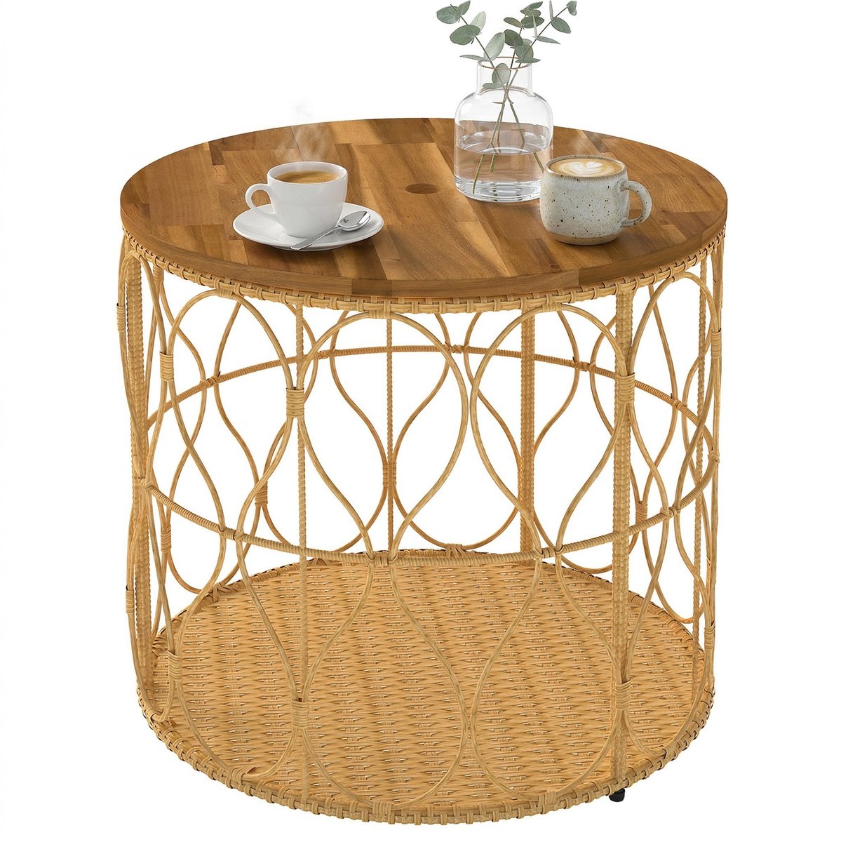 Bijzettafel Ø50 cm - weerbestendige tuintafel met rotanlook - blad van acaciahout - verstelbare poten - teak