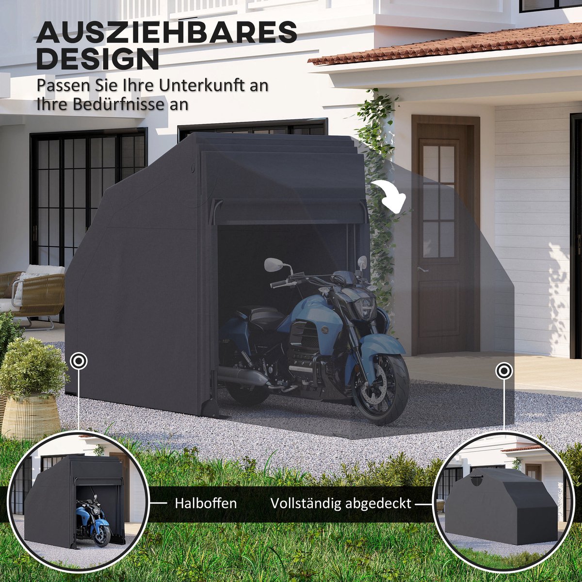 Motorhoes - opvouwbaar - voor buiten - waterdicht - winterbestendig - XXL 345 cm x 135 cm x 191 cm - zwart – foto 5