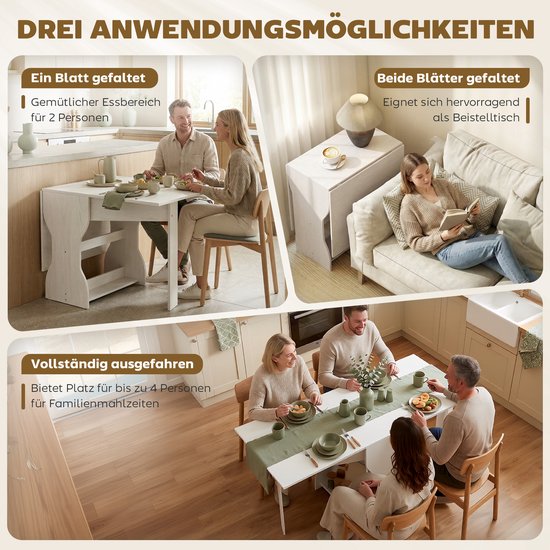 Opklapbare eettafel - keukentafel met opbergruimte voor 2 - 4 personen - opklapbare tafel voor kleine ruimtes - eetkamer - 160 x 60 x 75 cm - wit — afbeelding 4
