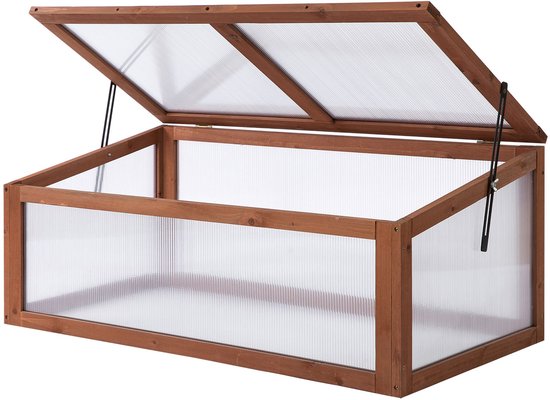 Open houten kas met doorzichtige polycarbonaat platen en metalen scharnieren.