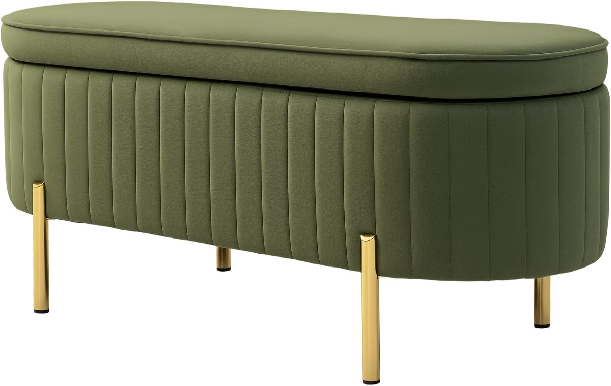 Bankje met scharnierend deksel en opbergruimte - stoffen bekleding - hout - metaal - donkergroen + goud