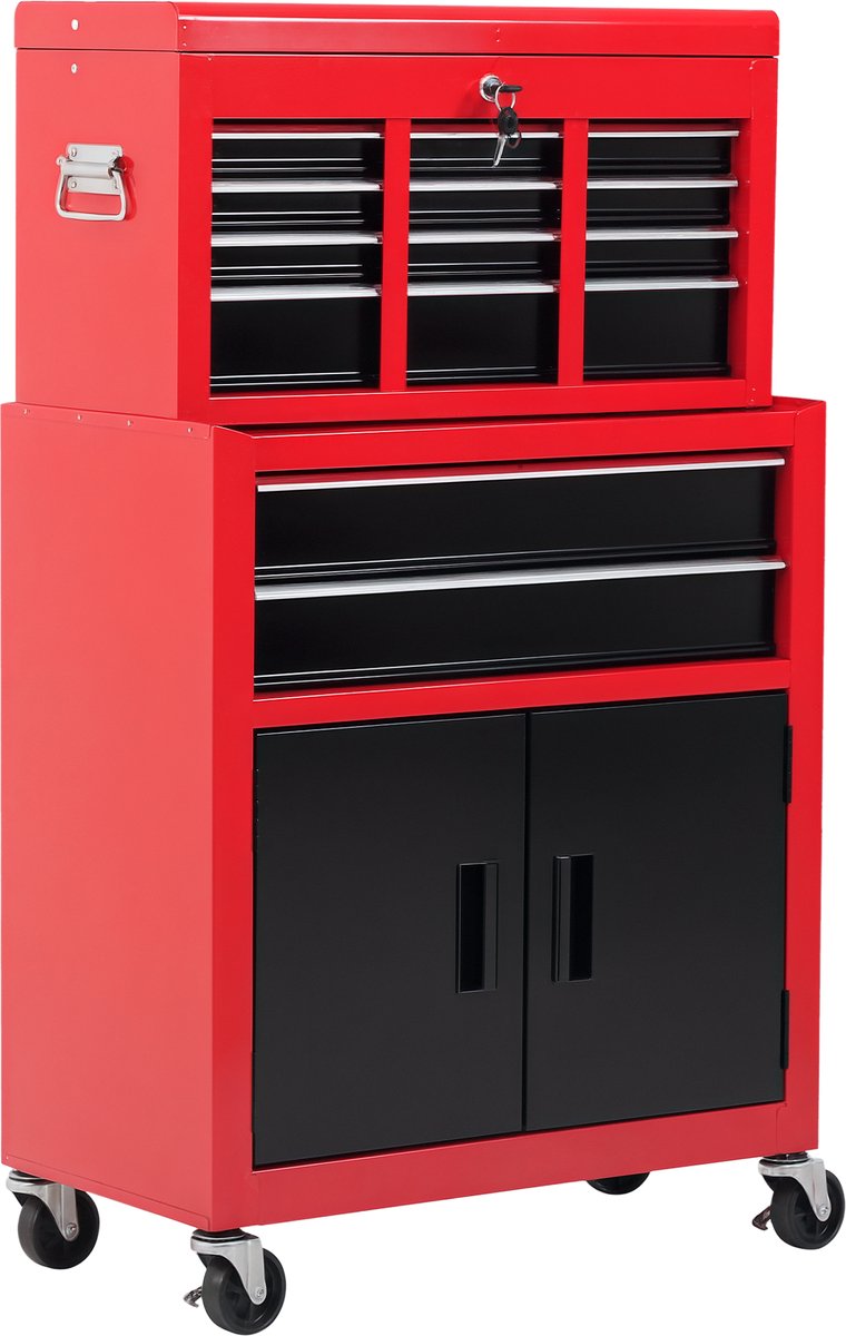 Gereedschapskast met gereedschapskist - op wielen - 6 laden - metaal - rood