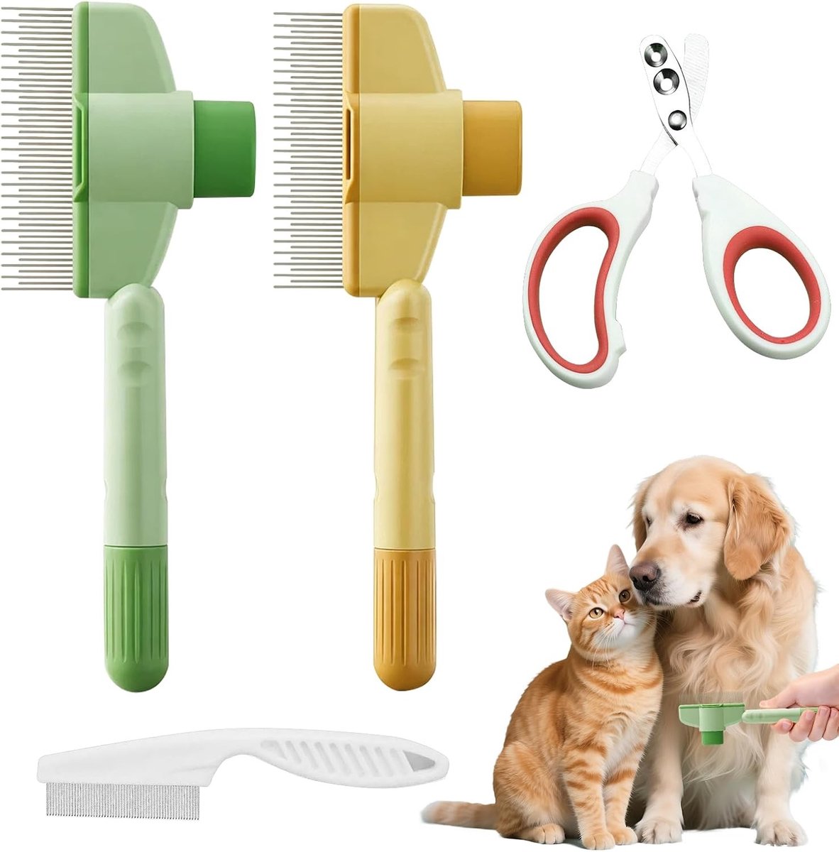 Honden- en kattenborstelset met 4 stuks, inclusief klauwschaar en vlooienkam voor lang- en kortharige dieren