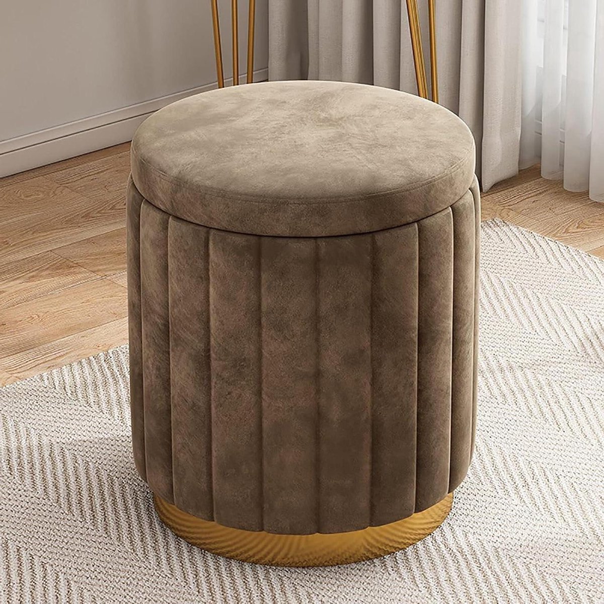 Opbergkruk Fluwelen Poef - Zitkruk Voetenbank - Extra Zitplaatsen - Verborgen Opbergruimte - 34x34x44 cm - Bruin