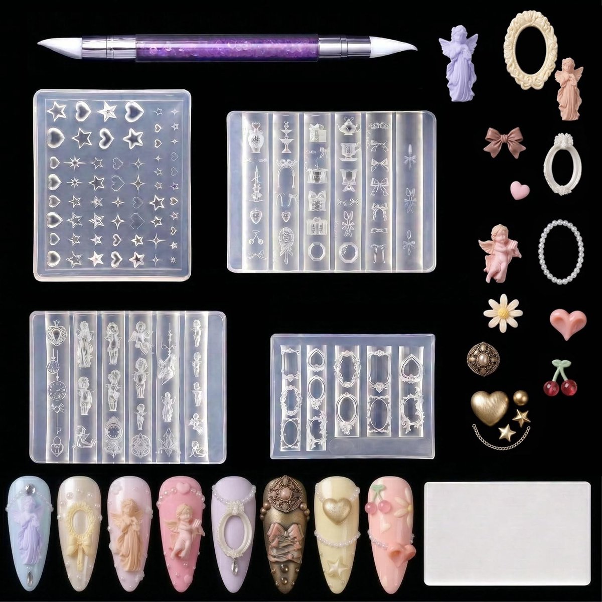 SnelShoppen - 4-delige Nagelstempelset met 3D Gel Nagelkunst Silikonenvormen Y2K Motieven, Creatieve Nageldesigns voor Thuisgebruik, Perfect voor Fees
