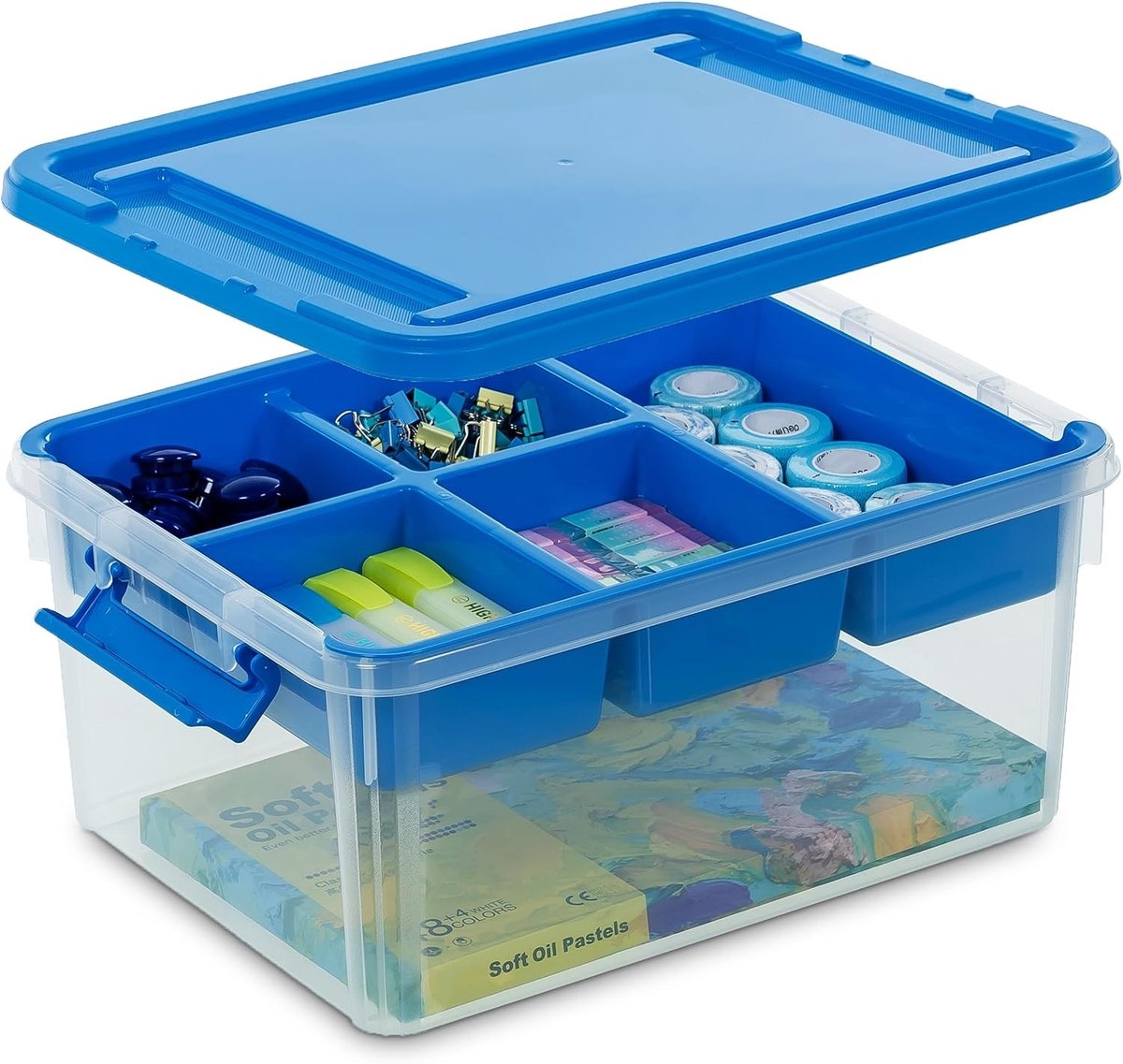 Opbergdozen met Blauw Deksel, 16 L, Plastic met Verwijderbare Bak, Versterkte Dozen voor Organiseren van Gereedschap, Knutselspullen en Kleurpotloden
